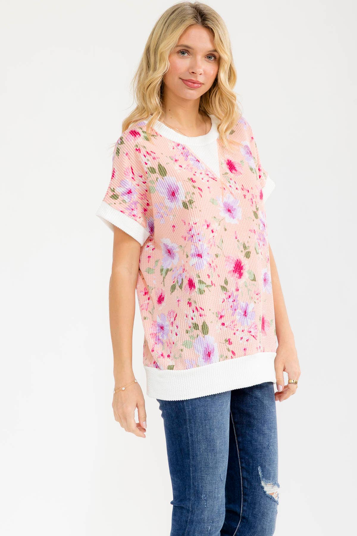 PEACH FLORAL RAISED RIBBED KNIT TOP