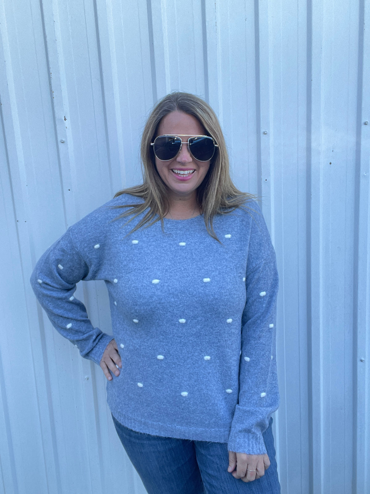 BLUE Textured Dot Detail, Wide Crew Neck, Pullover Sweater