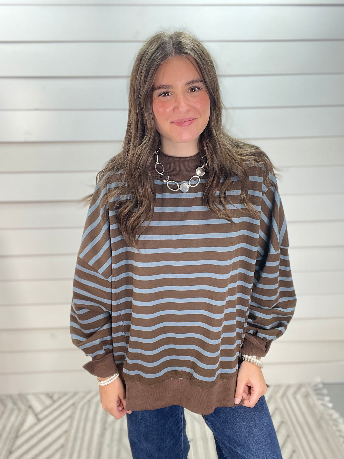 BROWN/DARK BLUE STRIPED OVERSIZED MOCK NECK KNIT TOP