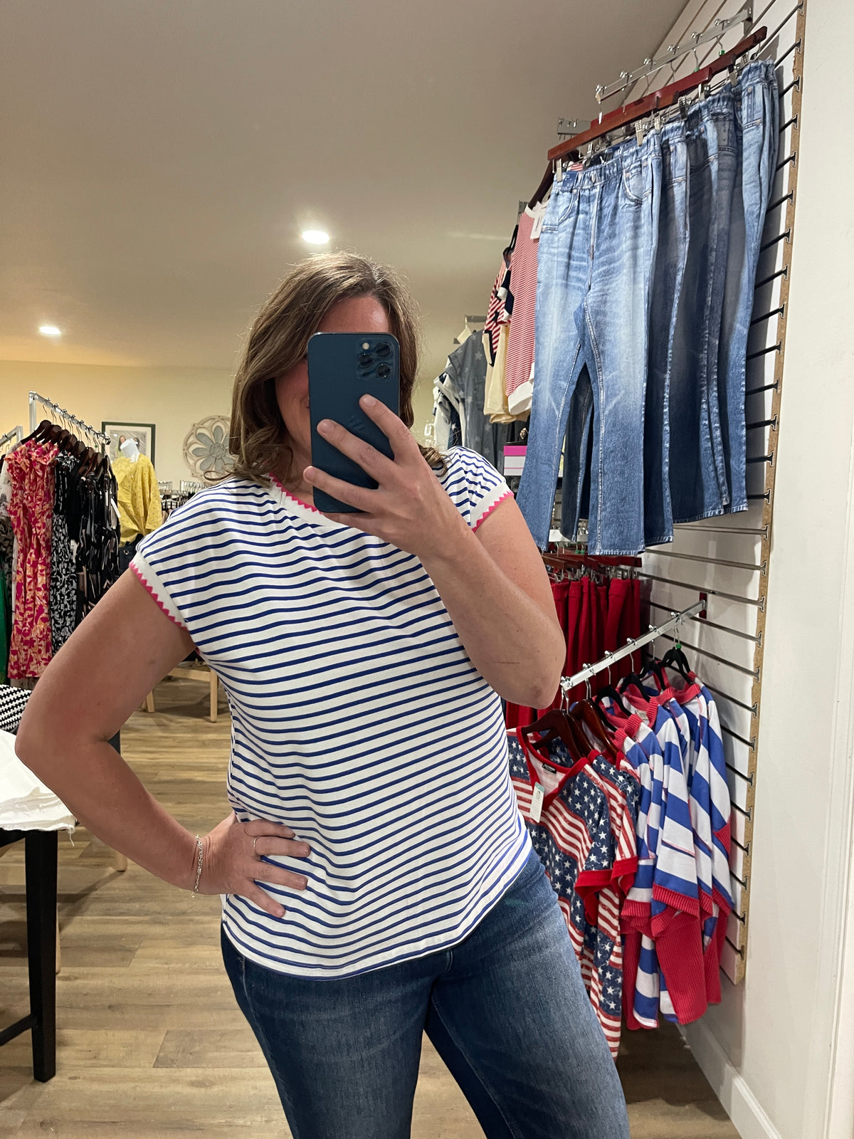 BLUE/WHITE STRIPED KNIT TOP W/ PINK TRIM