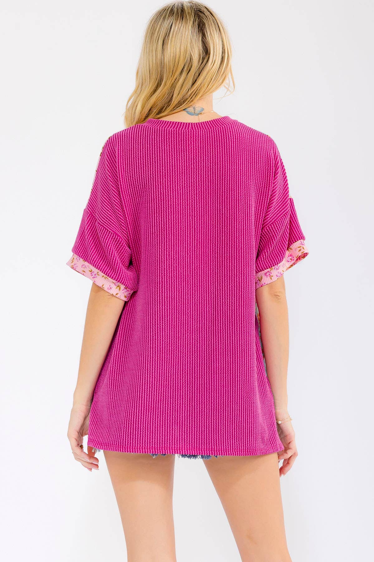 MAGENTA FLORAL PATCHWORK KNIT TOP