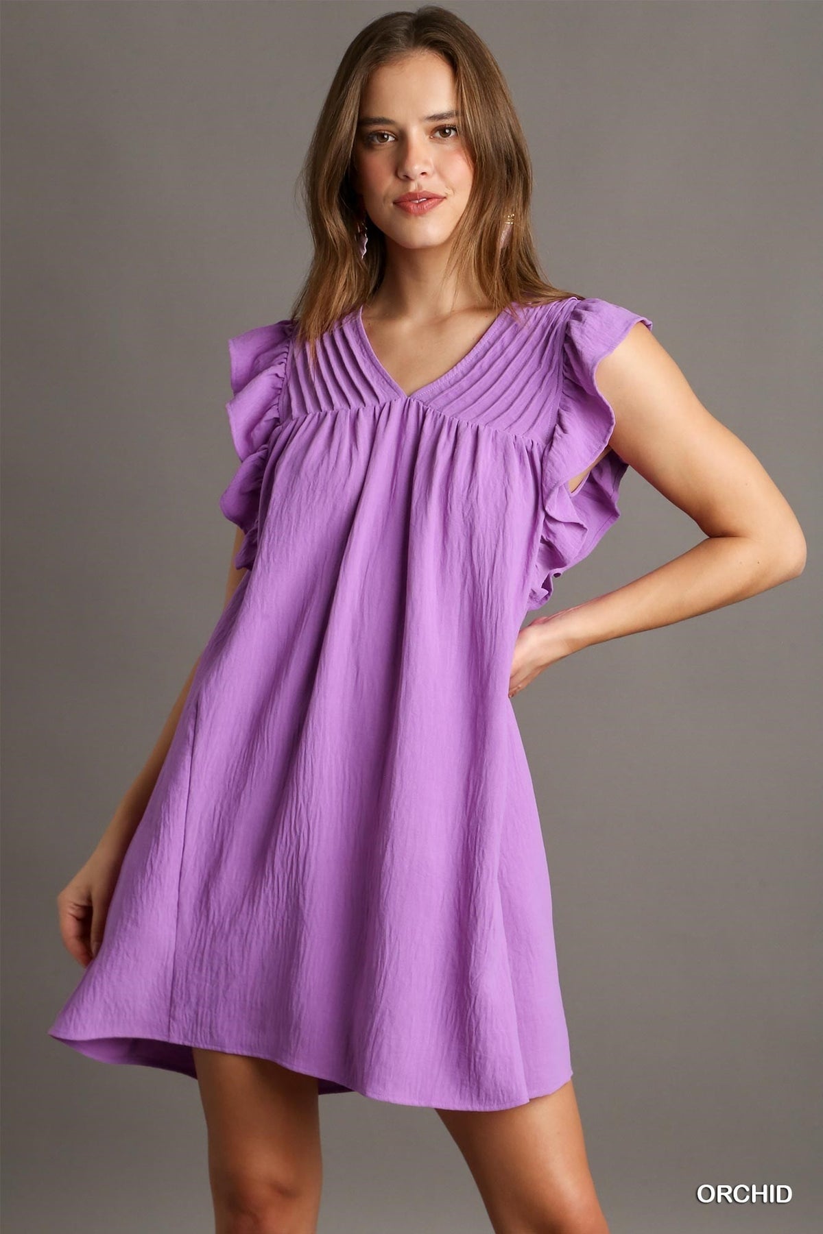 ORCHID V-NECK SHIFT DRESS WITH RUFFLE SLEEVES