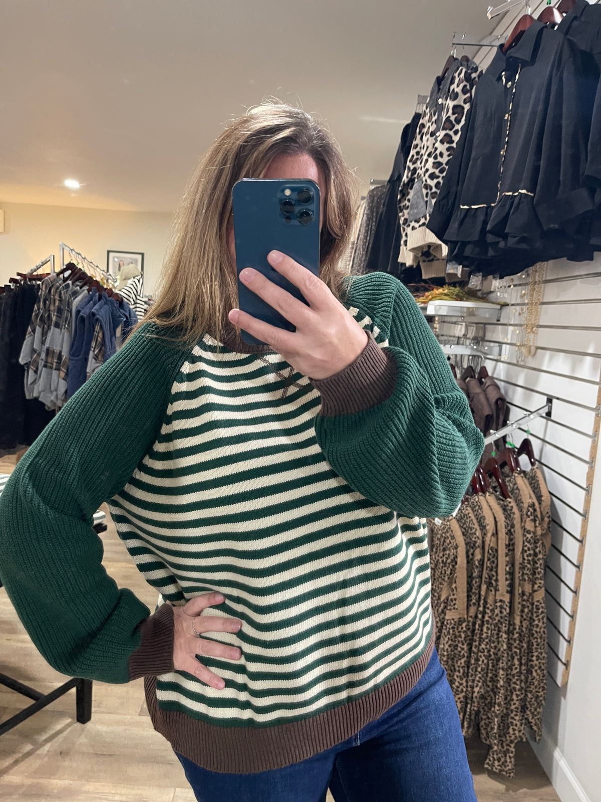 HUNTER GREEN Striped Colorblock Raglan Long Sleeve Crew Sweater