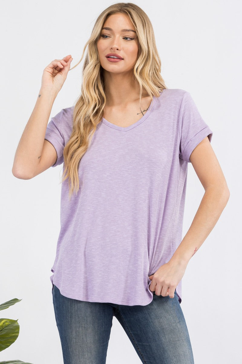 LAVENDER RIBBED V NECK KNIT TOP