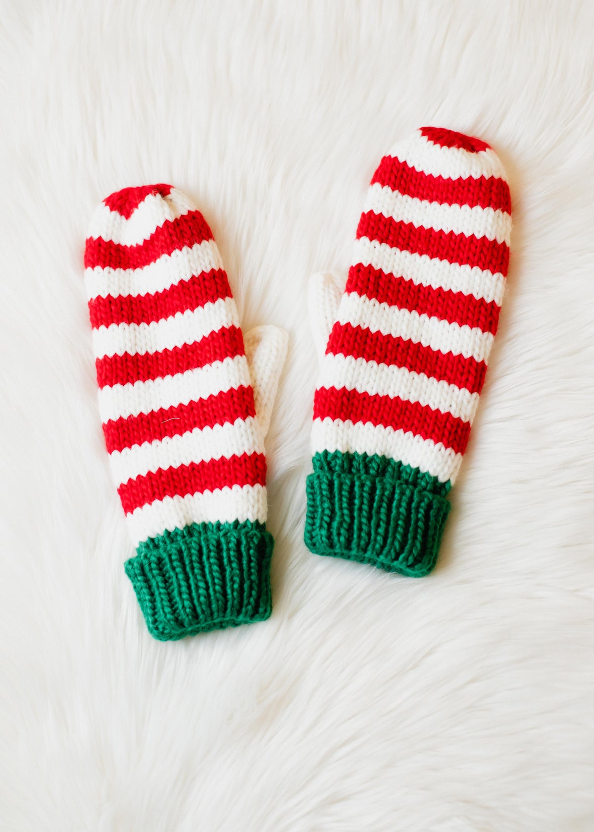 RED, WHITE, AND GREEN STRIPED MITTENS