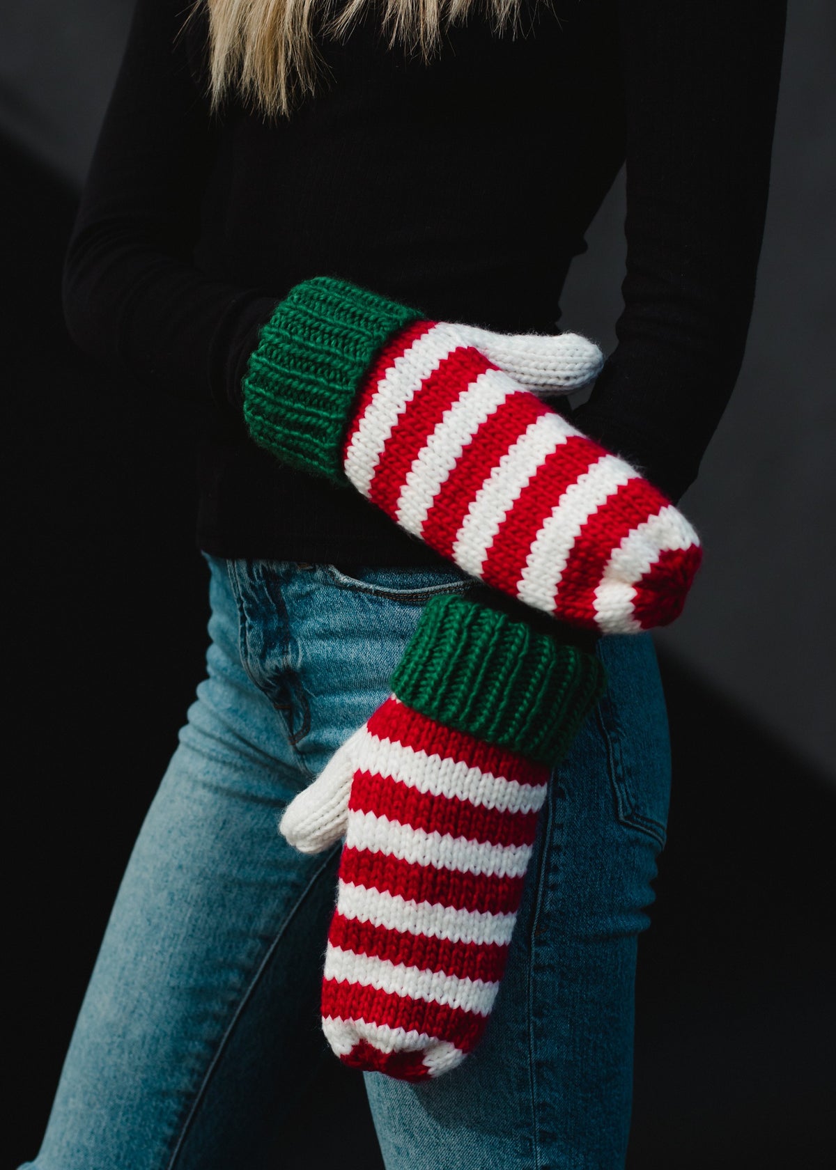 RED, WHITE, AND GREEN STRIPED MITTENS