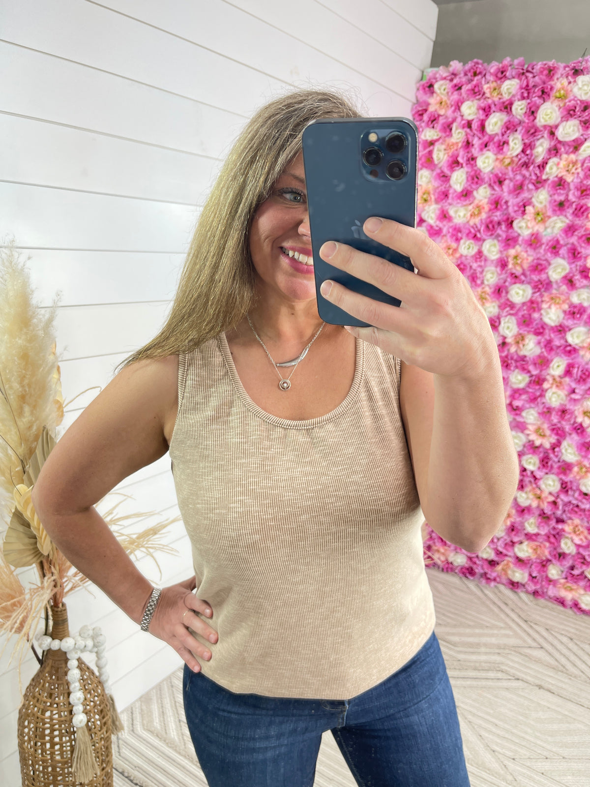 TAUPE RIBBED CREW NECK TANK