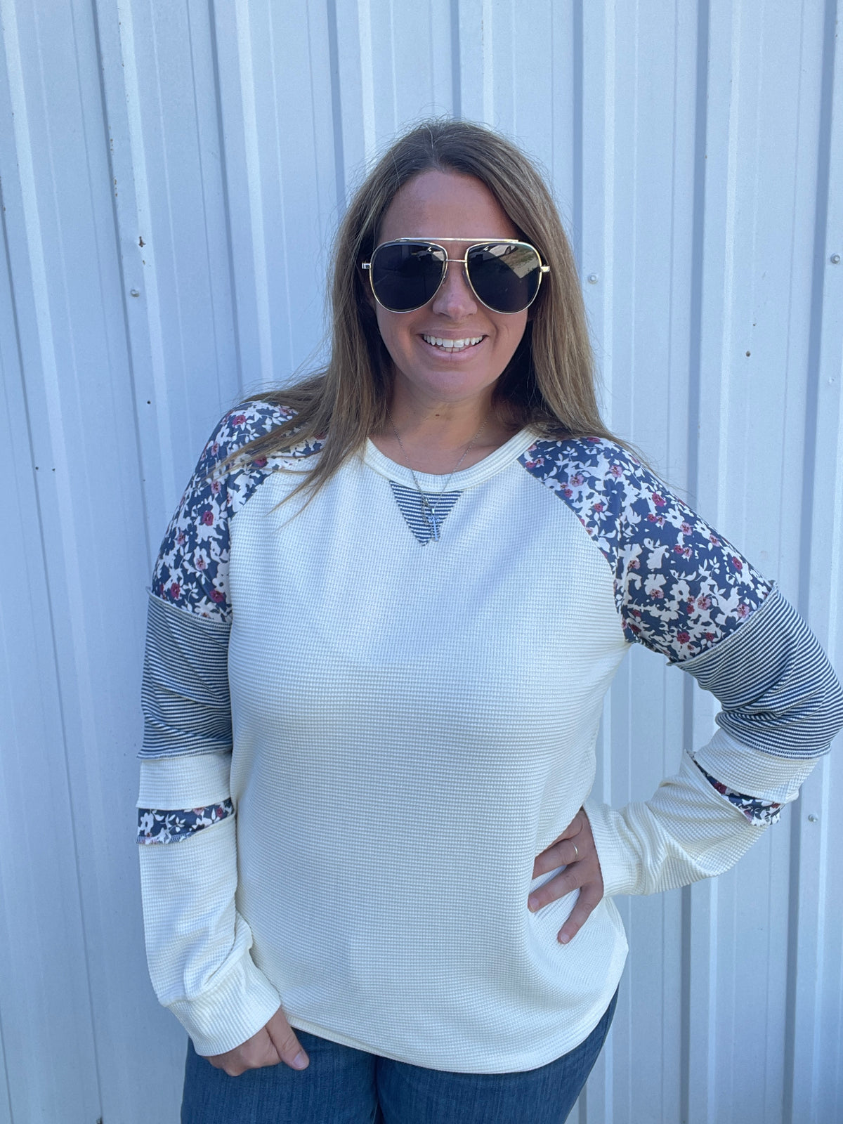 Ivory/Blue Floral Print And Stripe Blocked, Long Sleeve Waffle Top