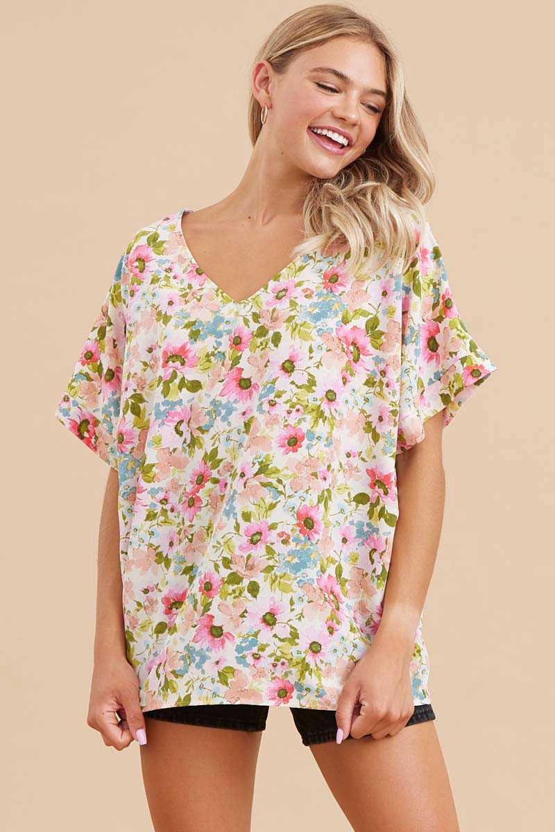 IVORY FLORAL SHORT DOLMAN SLEEVES TOP