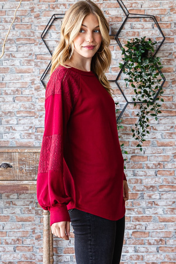 BURGUNDY SOLID LACE CONTRAST LONG SLEEVE TOP