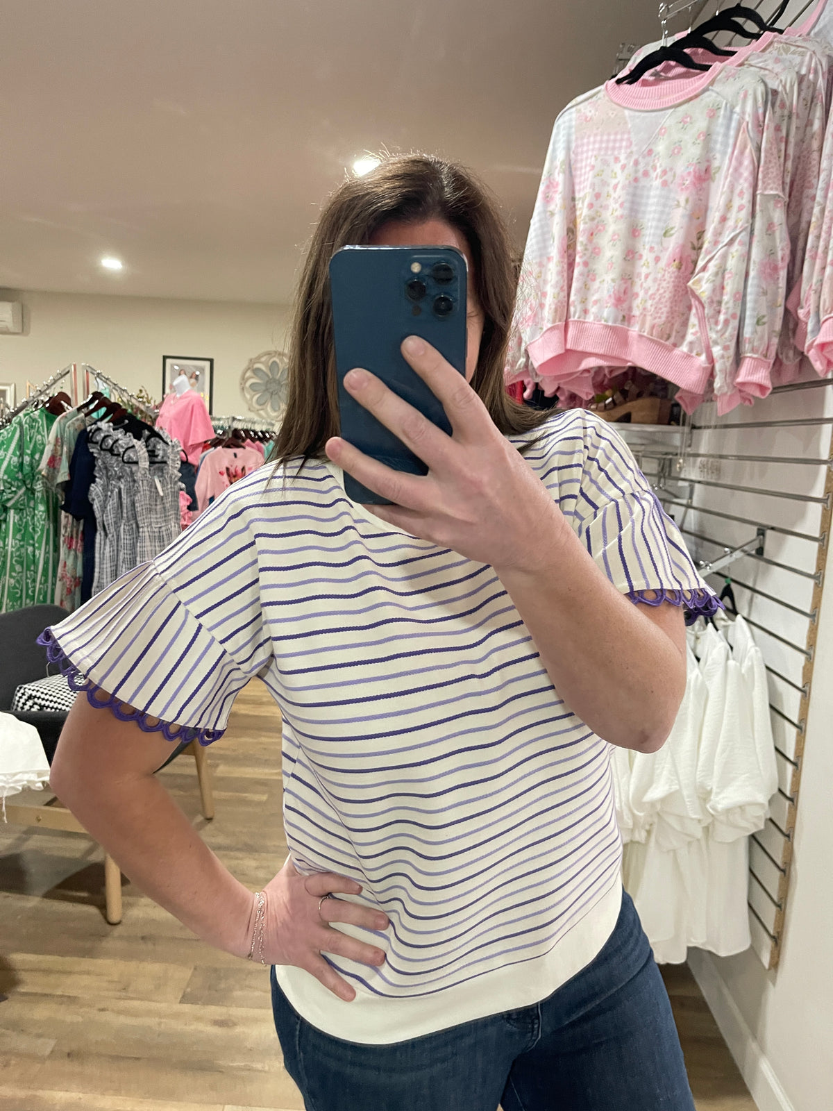 PURPLE/WHITE STRIPED KNIT TOP W/ RUFFLE SLEEVES