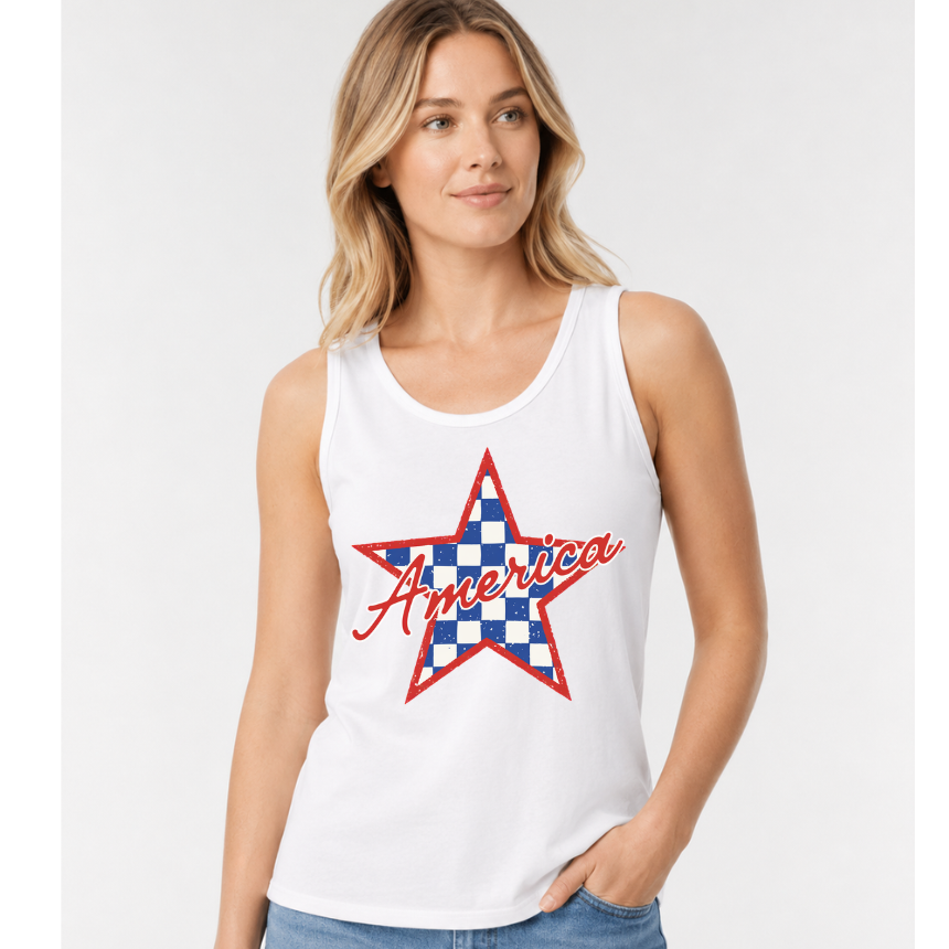 FINAL SALE TANK*** AMERICA CHECKERED STAR