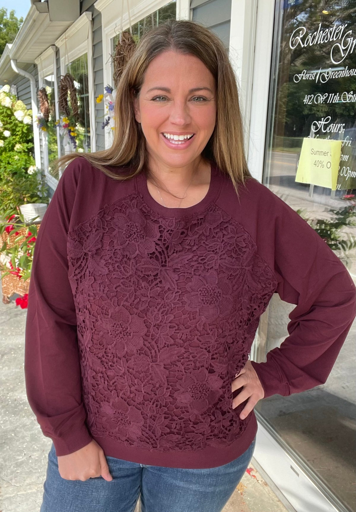 PLUM LACE FRONT PULLOVER