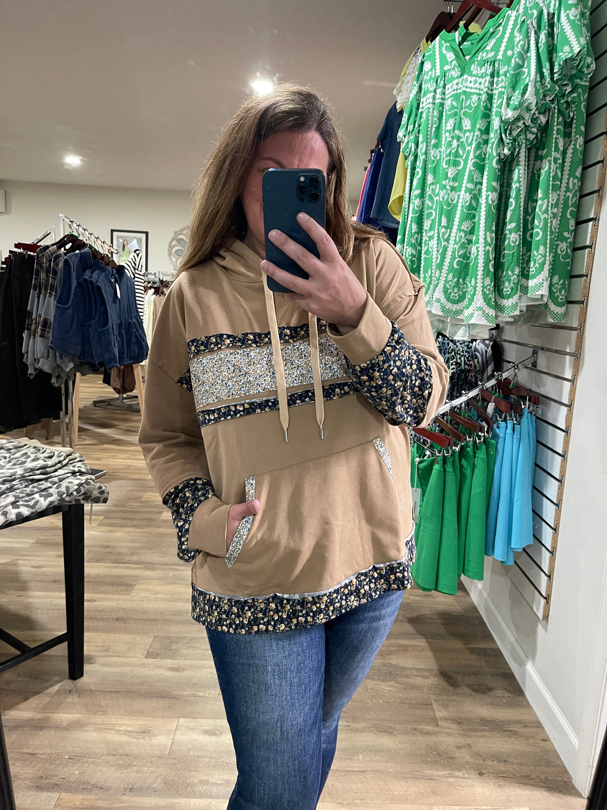 CAMEL FRENCH TERRY COLORBLOCK PATCHWORK HOODED LIGHT WEIGHT PULLOVER