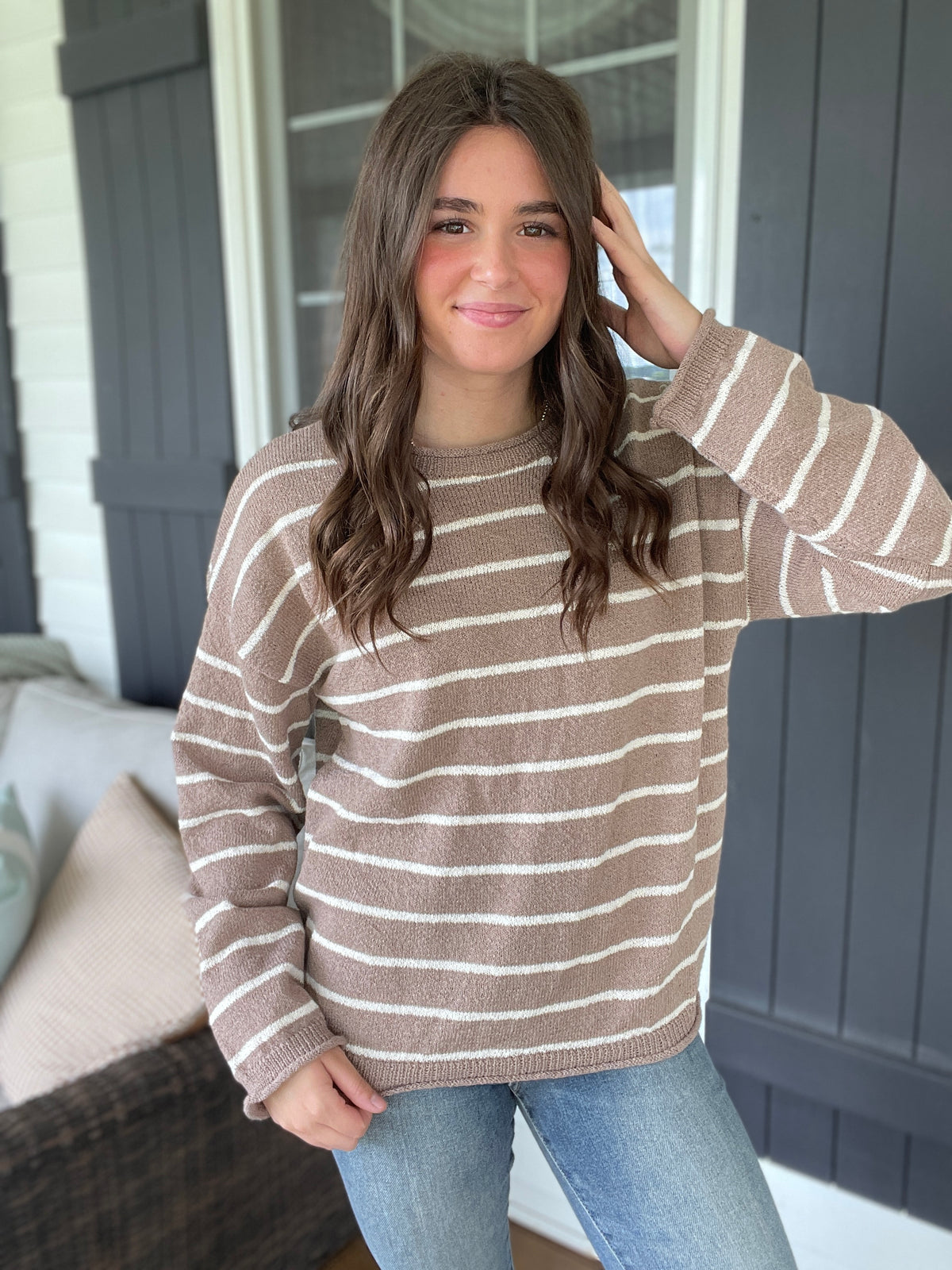 MOCHA STRIPED LIGHT WEIGHT KNIT SWEATER