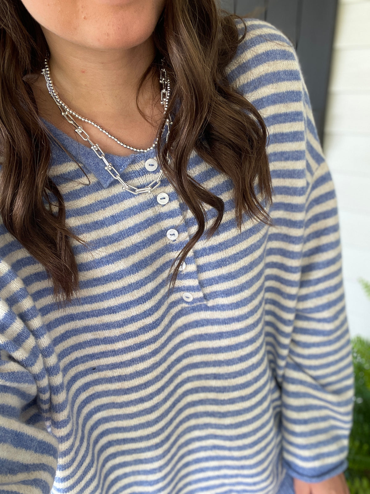 BLUE ROLLED EDGE BUTTON HENLEY STRIPED SWEATER