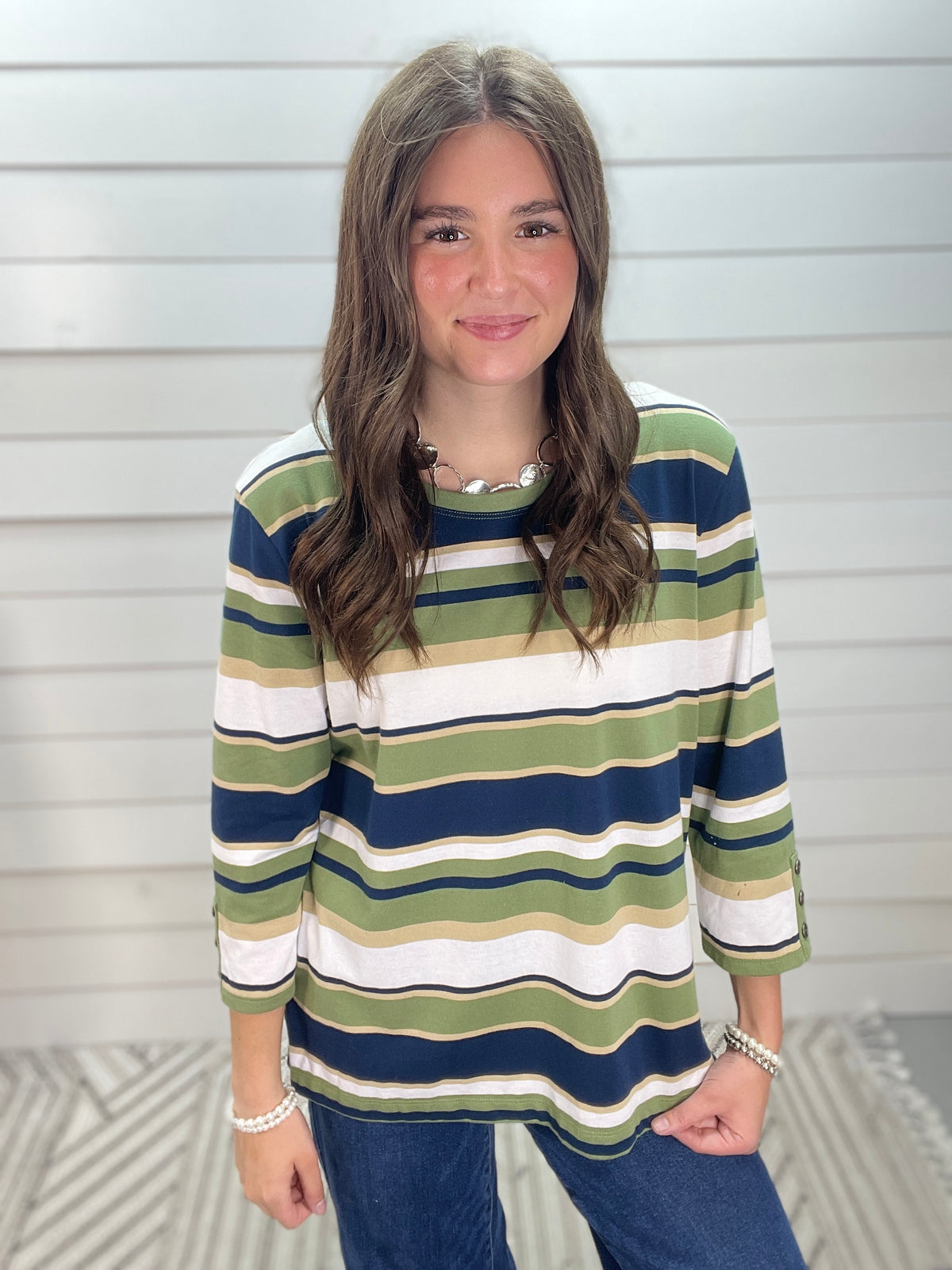 OLIVE/NAVY STRIPED 3/4 SLEEVE KNIT TOP