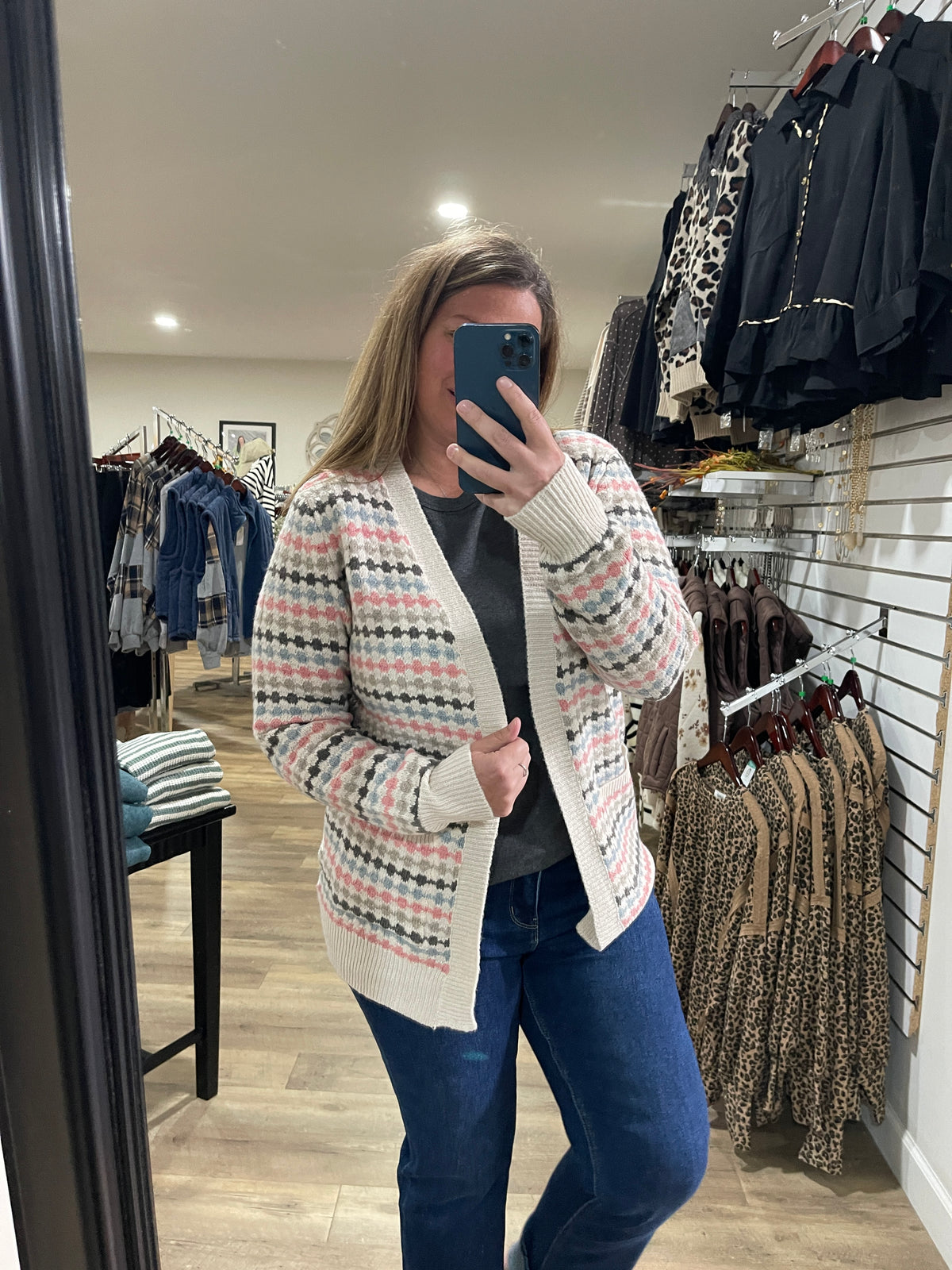 PINK/TAUPE Multi Color Texture, Open Front Sweater Cardigan