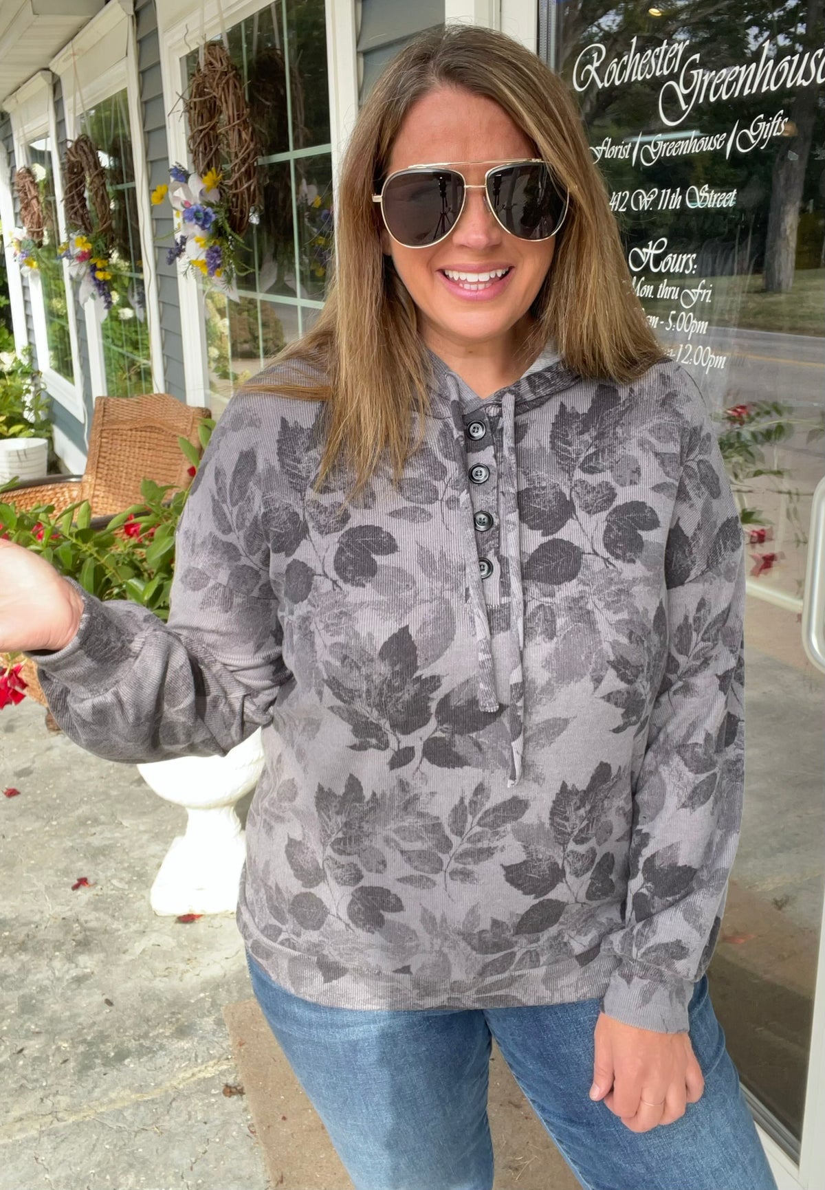 GREY Half Button, Long Sleeve, Floral Printed Drawstring Light Weight Hoodie