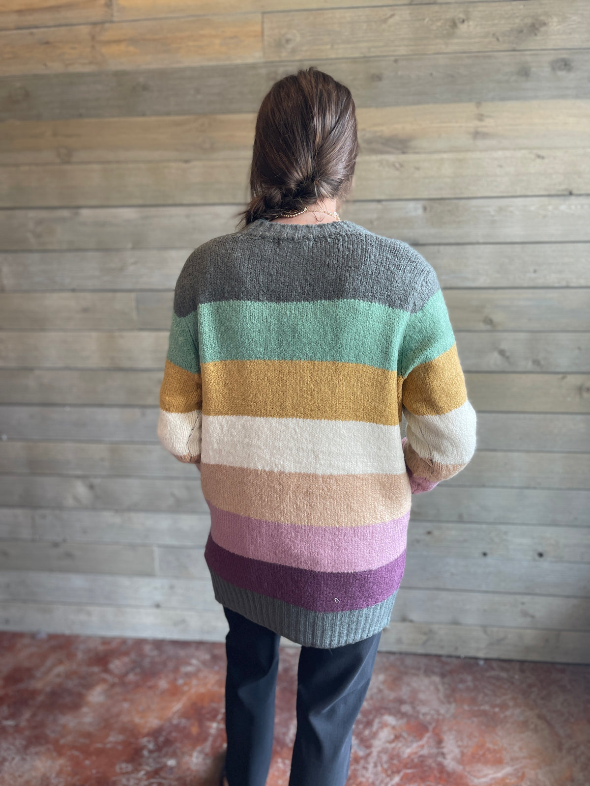 FOREST/MUSTARD Multi Color Blocked Open Front Long Sleeve Sweater Cardigan With Patch Pockets