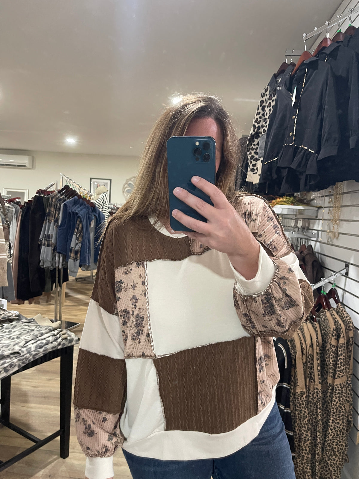 OTMEAL/TAUPE/BROWN Round Neck Bubble Long Sleeve Solid French Terry, Floral Print And Cable Knit