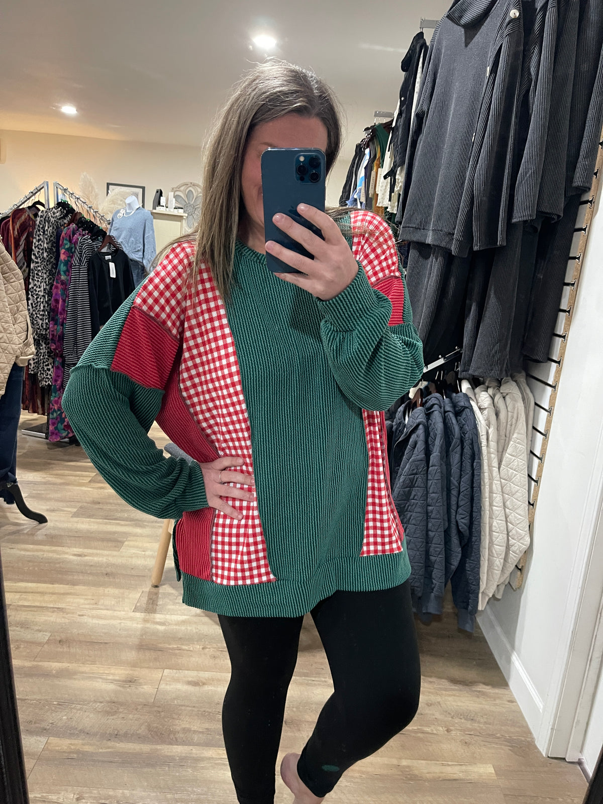 HUNTER GREEN/RED CHECK/ RED RAISED RIBBED OVERSIZED CONTRAST KNIT TOP