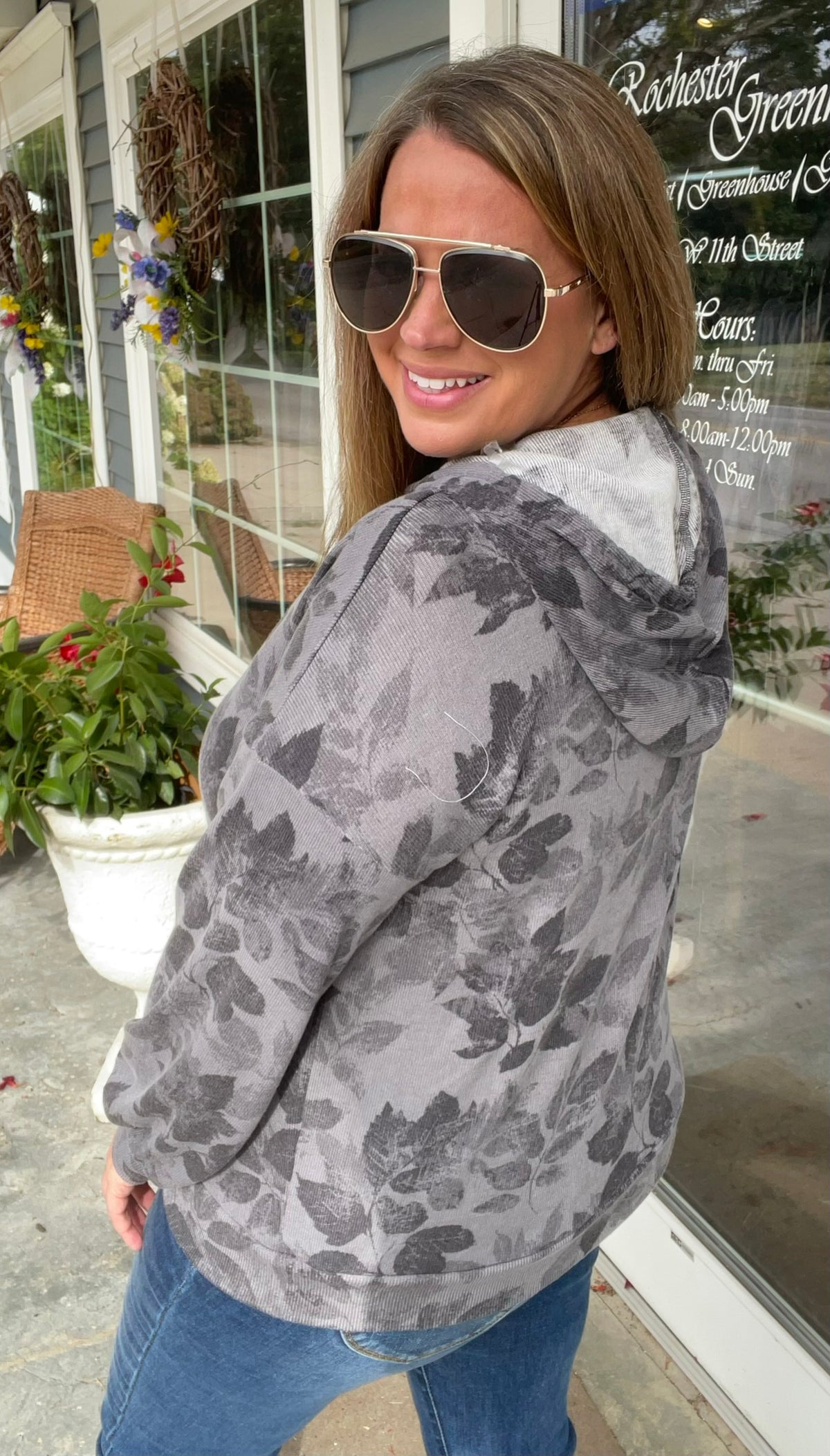 GREY Half Button, Long Sleeve, Floral Printed Drawstring Light Weight Hoodie