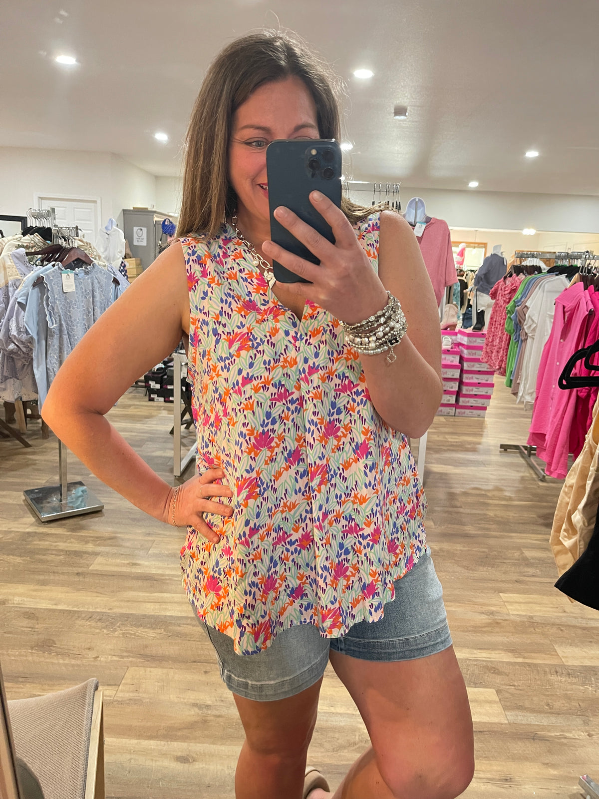 PINK/ORANGE SLEEVELESS FLORAL WOVEN TOP- FINAL SALE