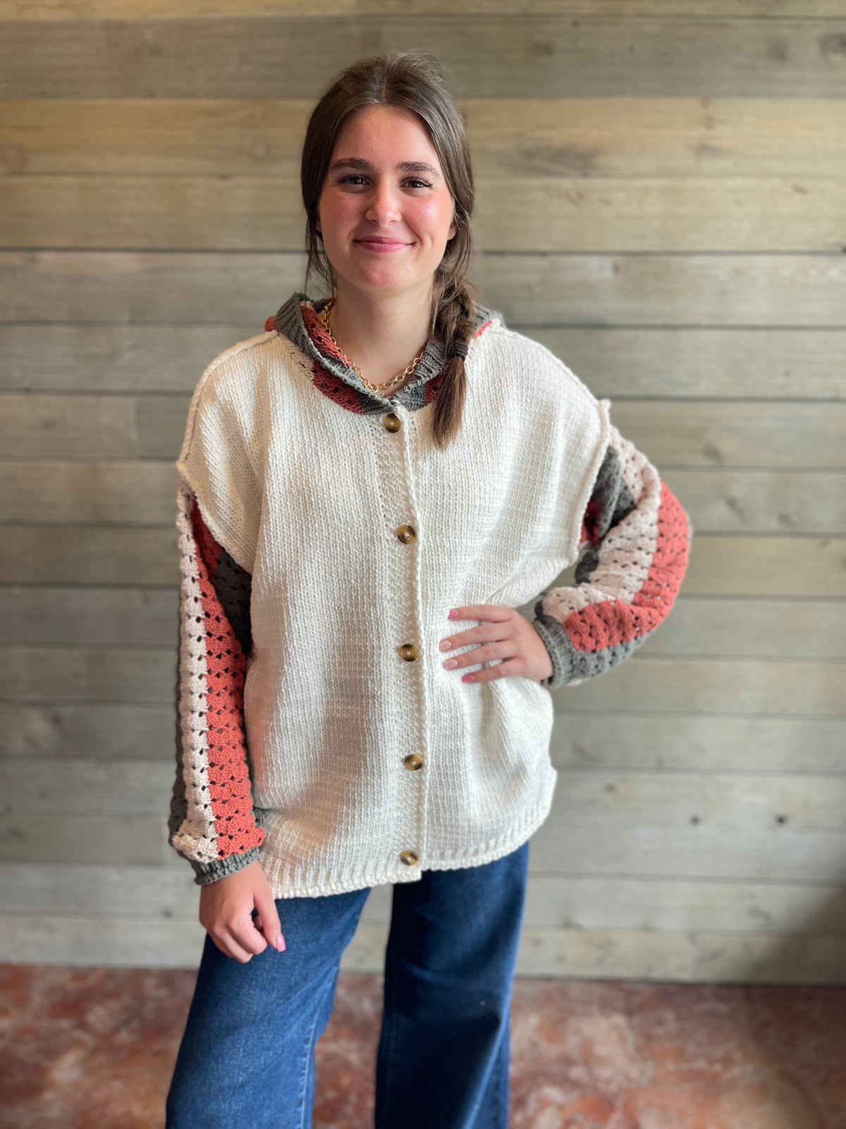 IVORY BUTTON KNIT SWEATER W/ OPEN KNIT COLORBLOCK SLEEVES