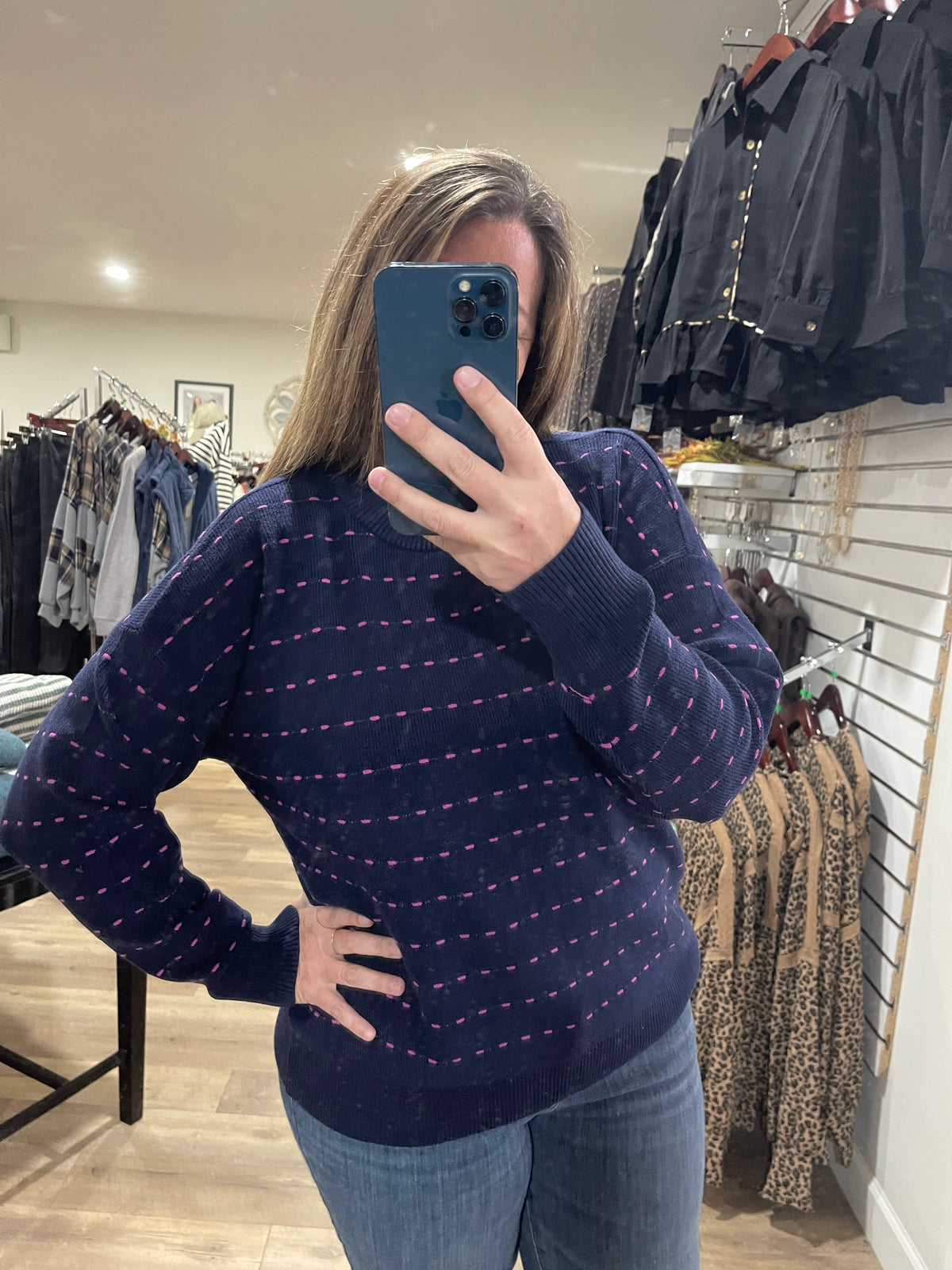 NAVY/FUSCHIA Texture Striped Crew Neck Long Sleeve Pullover Sweater