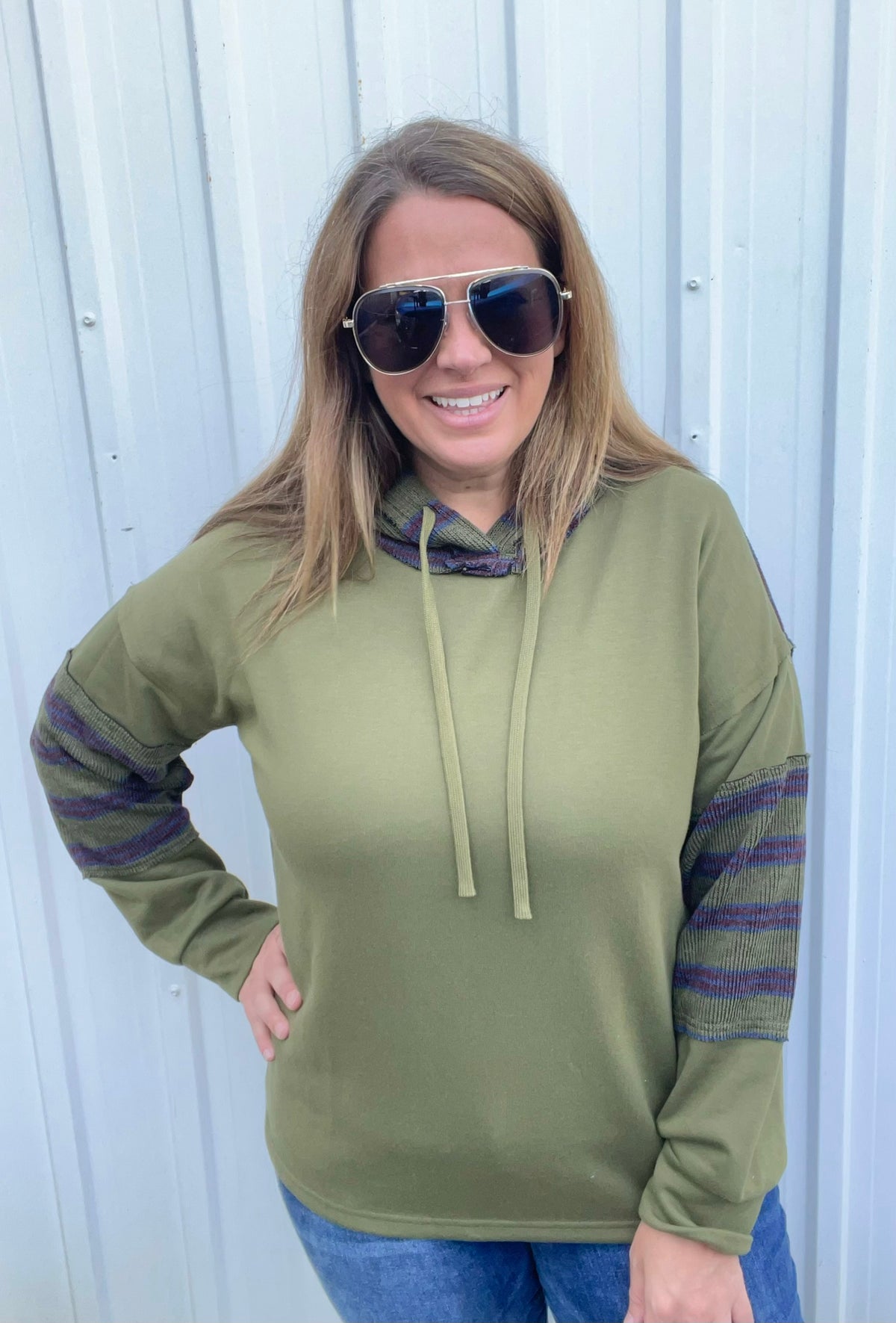 OLIVE Raw Edge Detail, Drawstring Hood, French Terry PULLOVER