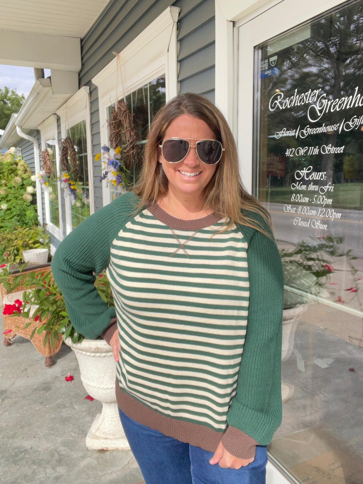 HUNTER GREEN Striped Colorblock Raglan Long Sleeve Crew Sweater
