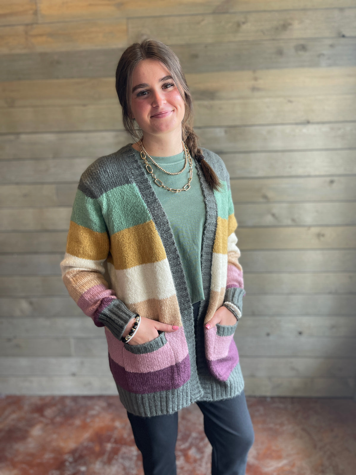 FOREST/MUSTARD Multi Color Blocked Open Front Long Sleeve Sweater Cardigan With Patch Pockets