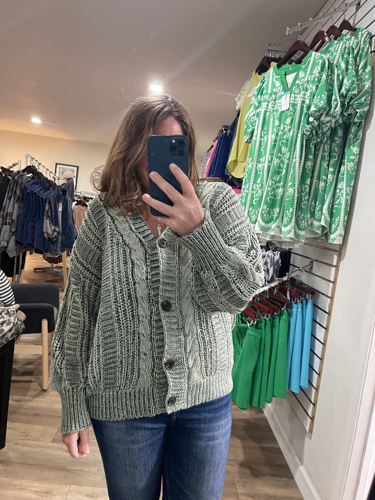 OLIVE CABLE KNIT BUTTON CARDIGAN