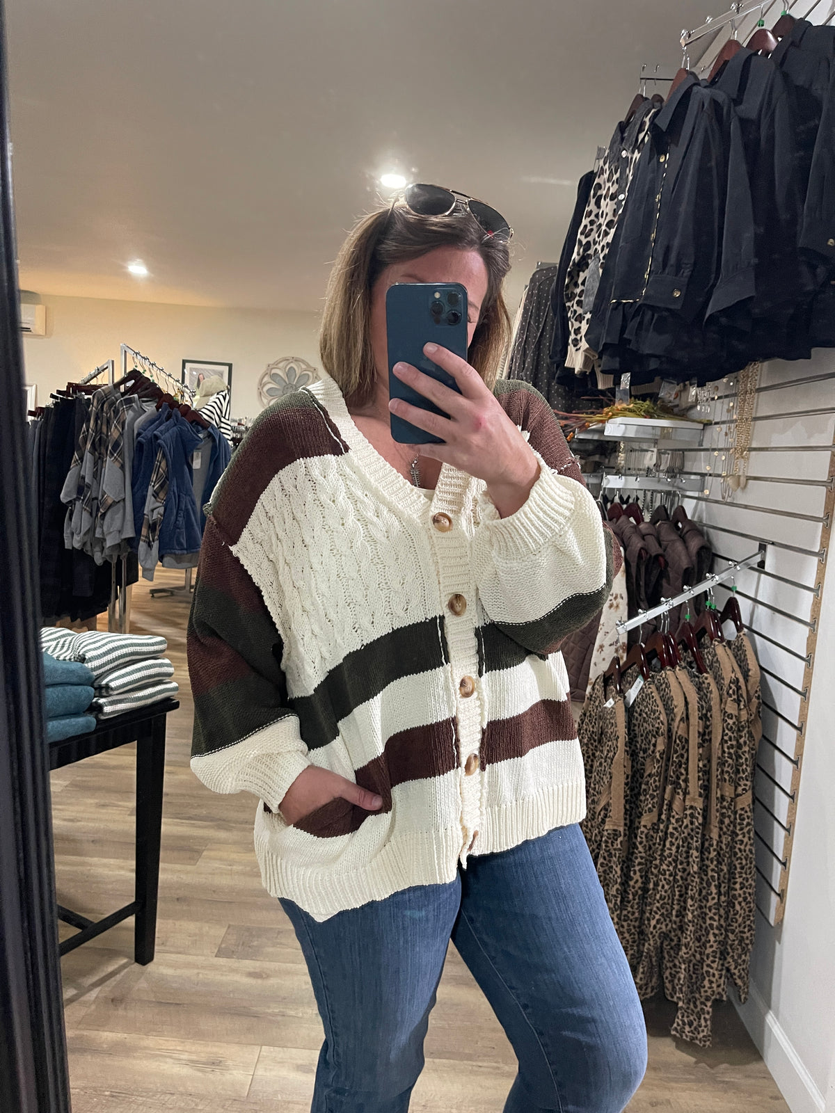 IVORY/BROWN/OLIVE CABLE KNIT OVERSIZE BUTTON CARDIGAN/SWEATER