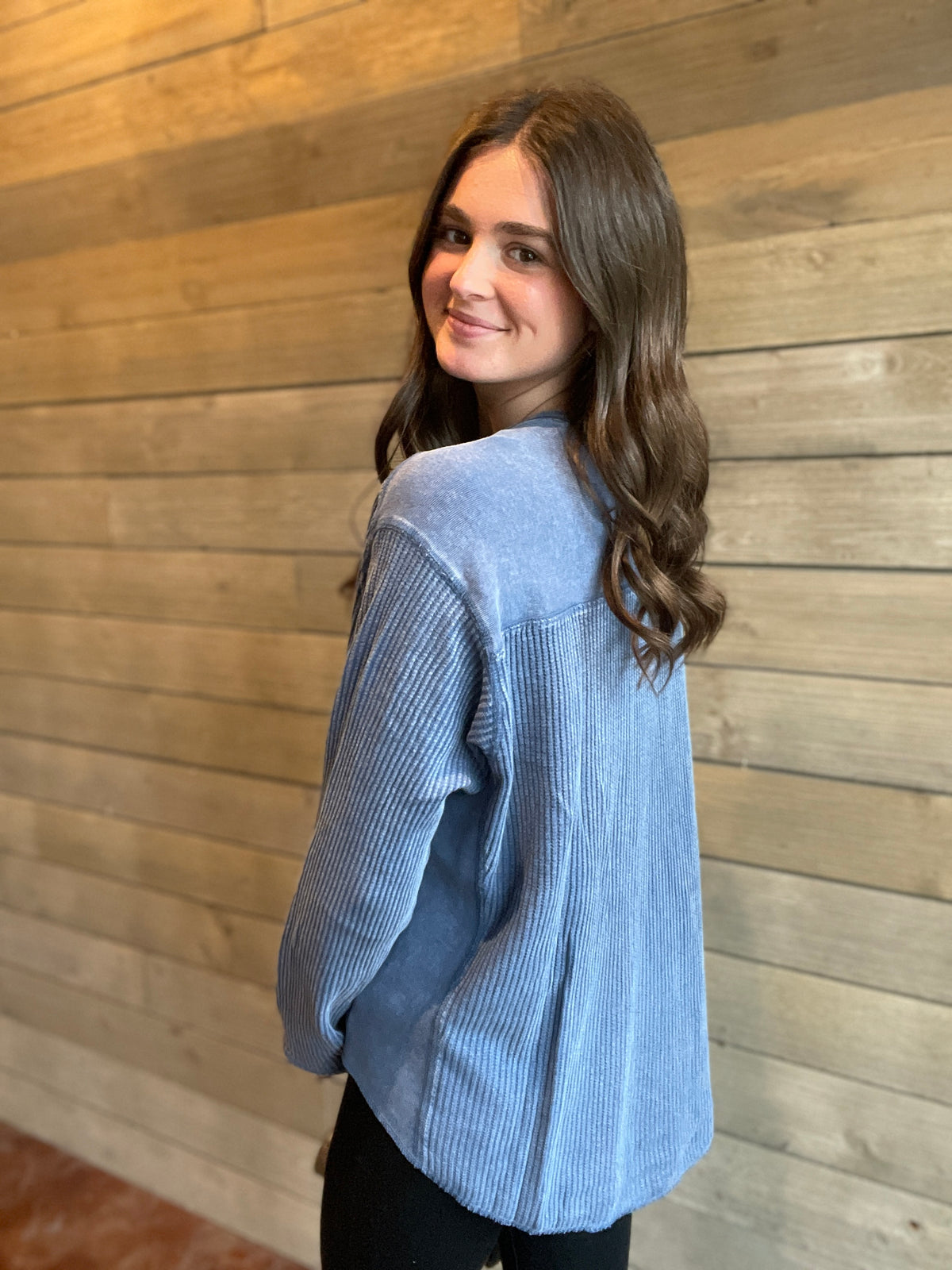 NAVY MINERAL WASH WAFFLE LOSSE FIT TOP