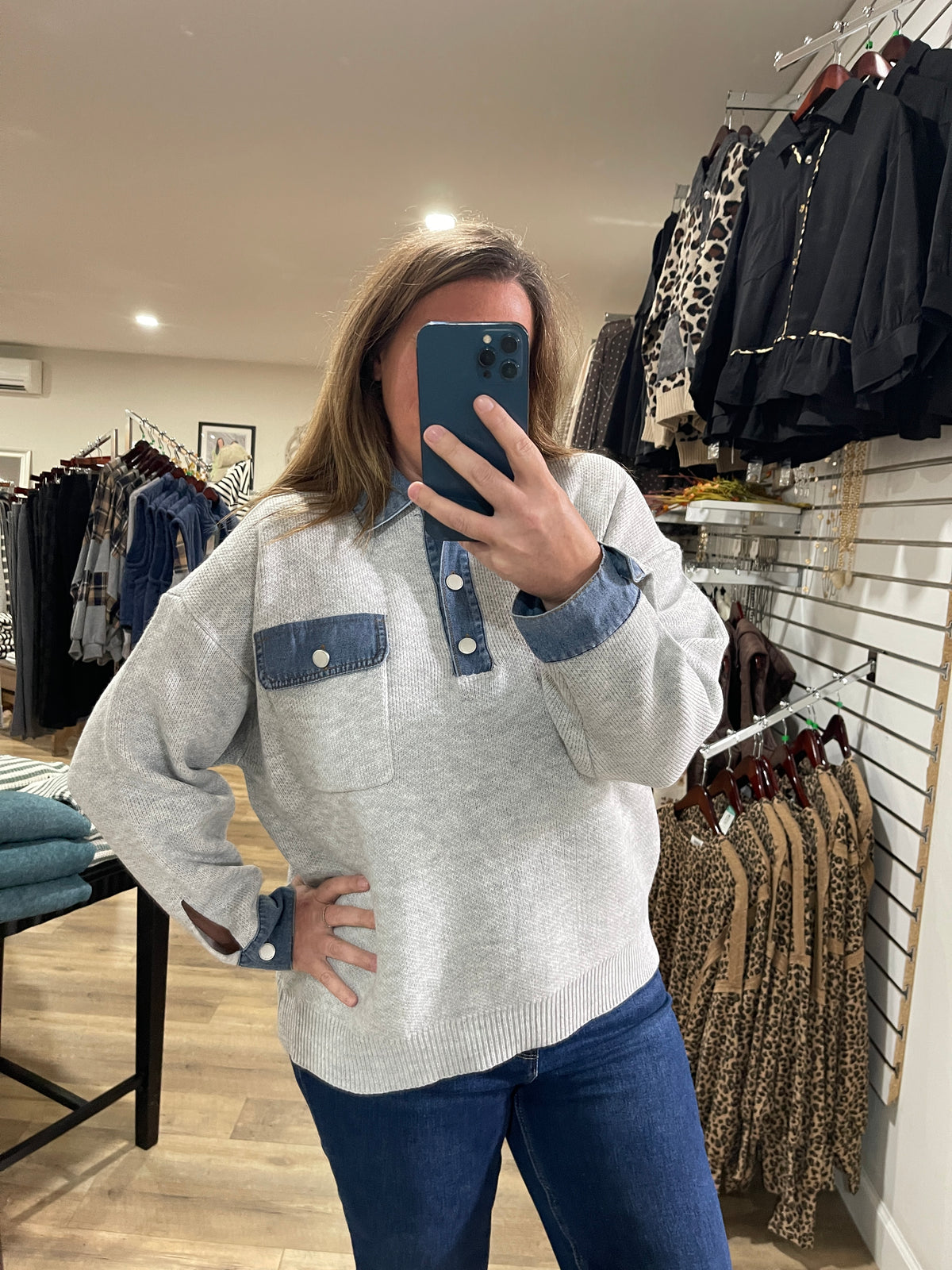 HEATHER GREY KNIT SWEATER W/ DENIM TRIM