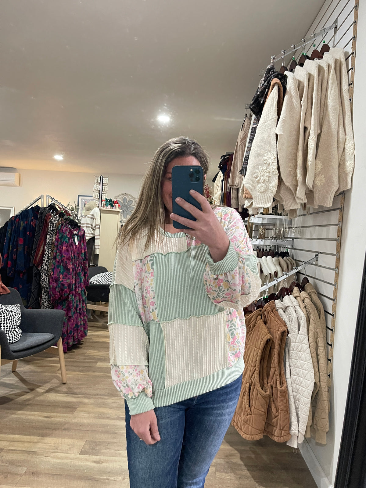 MINT FLORAL PATCHWORK LONG SLEEVE KNIT TOP