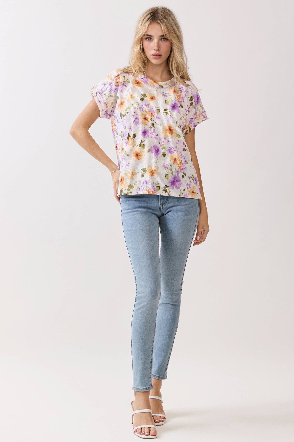 BOMBOM - TA2430 Floral Ribbed Short Sleeve Knit Top: Floral / English / XL