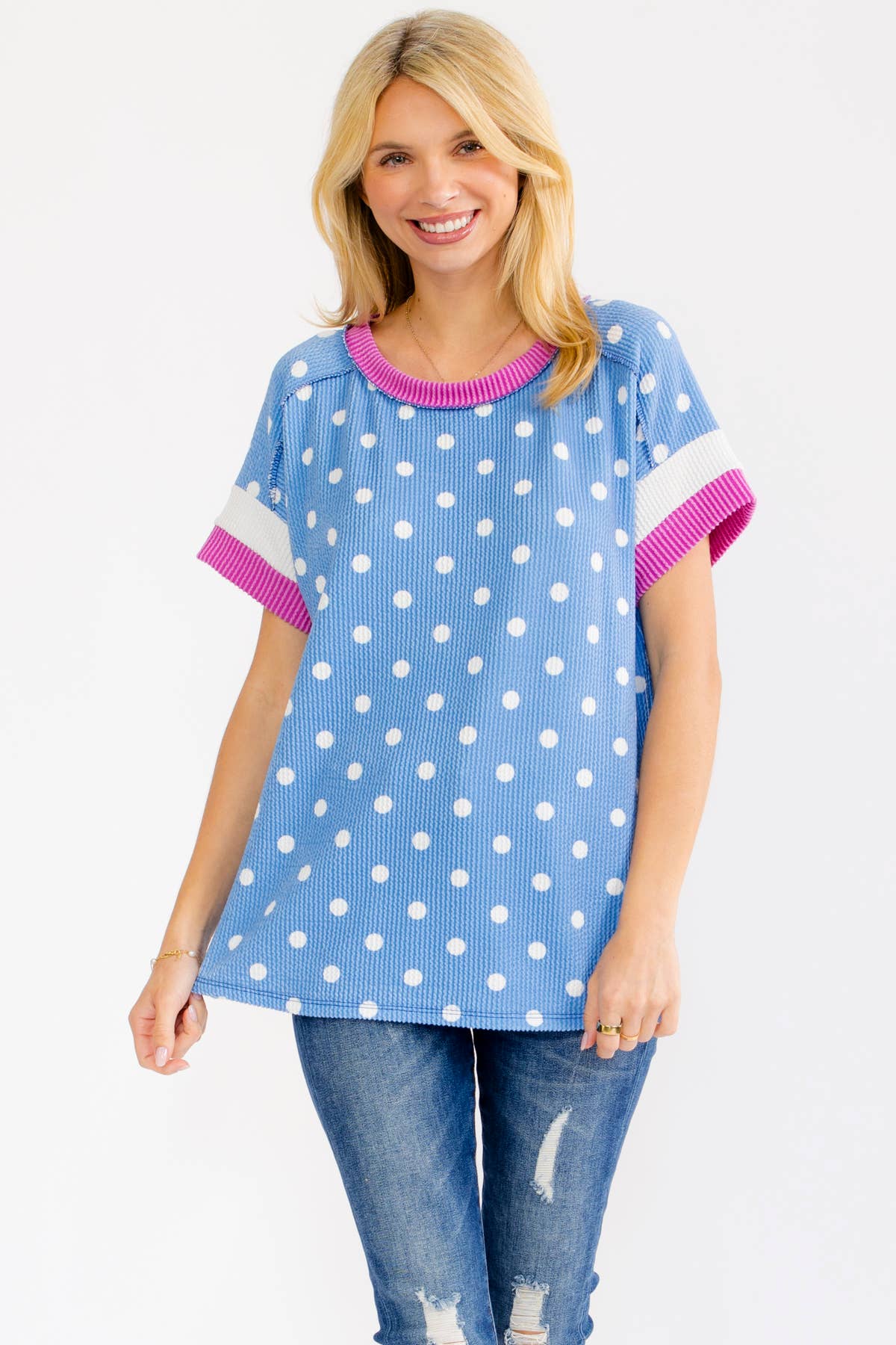 BLUE POLKA DOT RAISED RIBBED KNIT TOP W/ CONTRAST SLEEVE