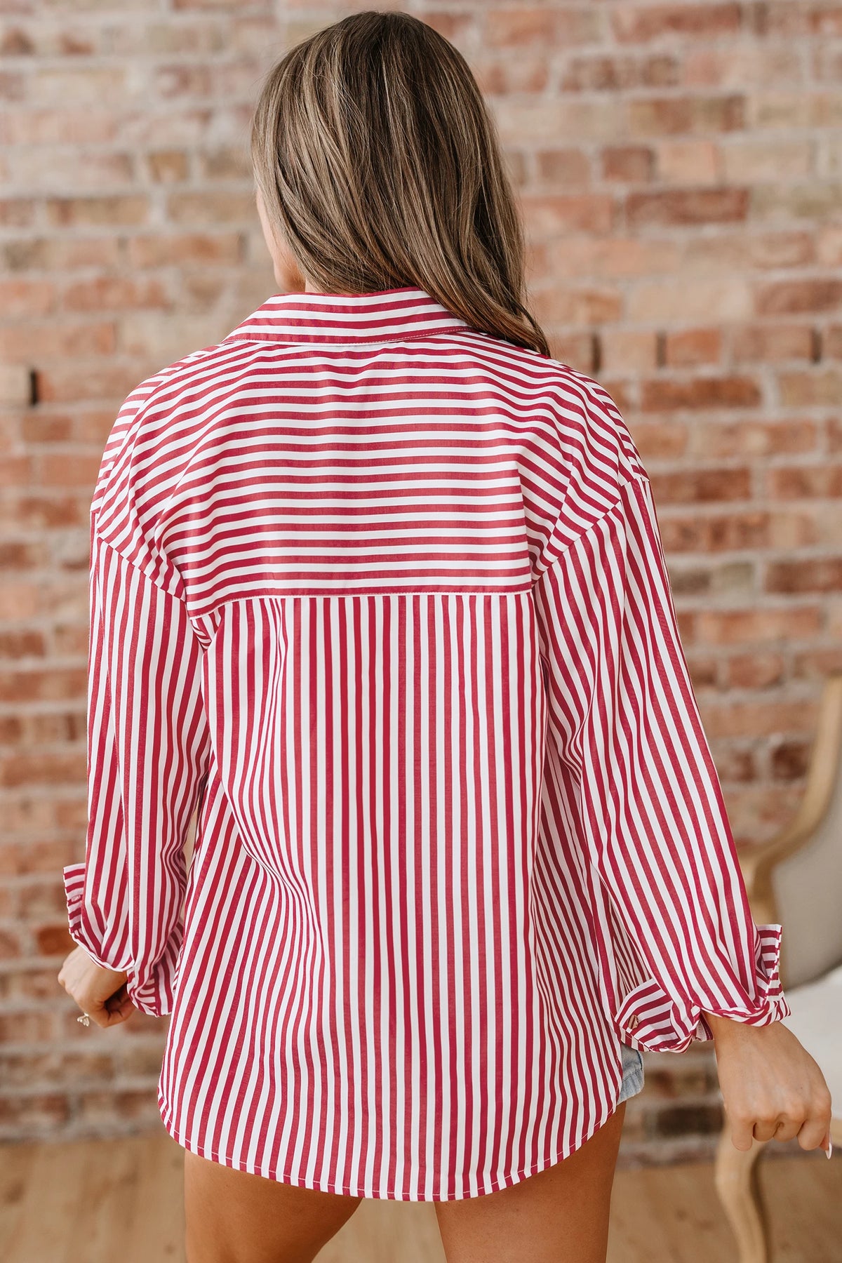 RED STRIPED BUTTON DOWN TOP