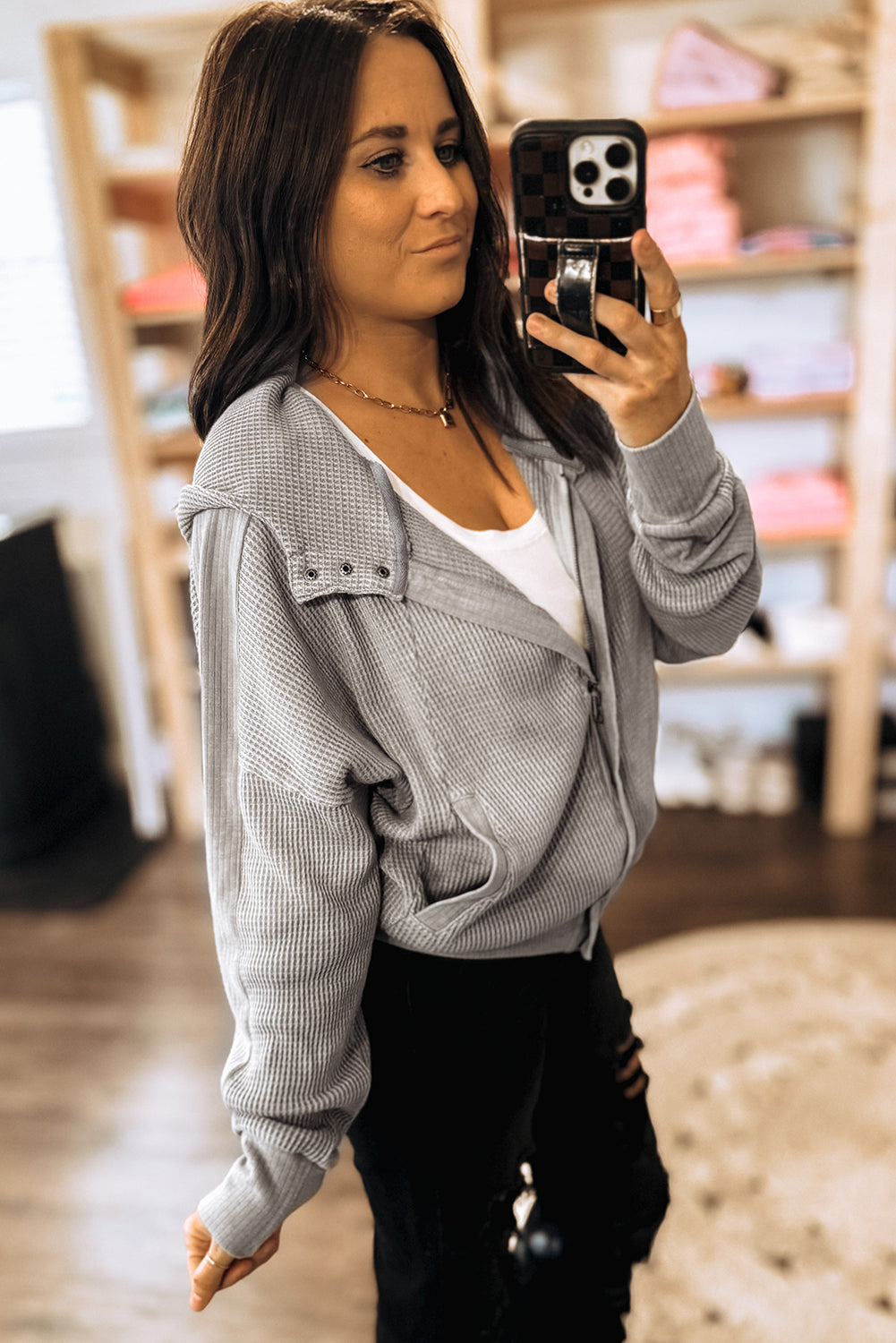 GREY WAFFLE TEXTURED ZIP UP JACKET