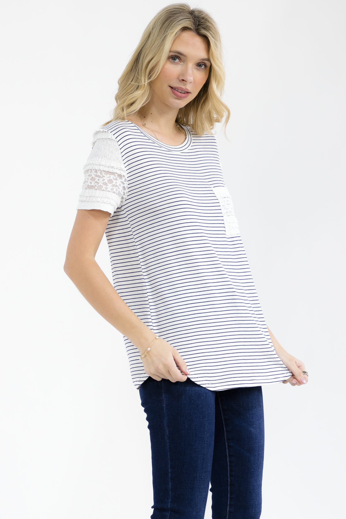 BLACK AND WHITE STRIPED KNIT TOP W/ LACE TRIM