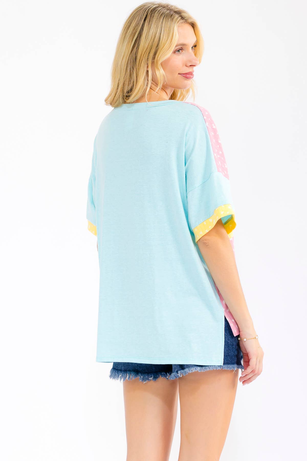 7th Ray - Floral Patchwork Short Sleeve Top T6303: Aqua / S