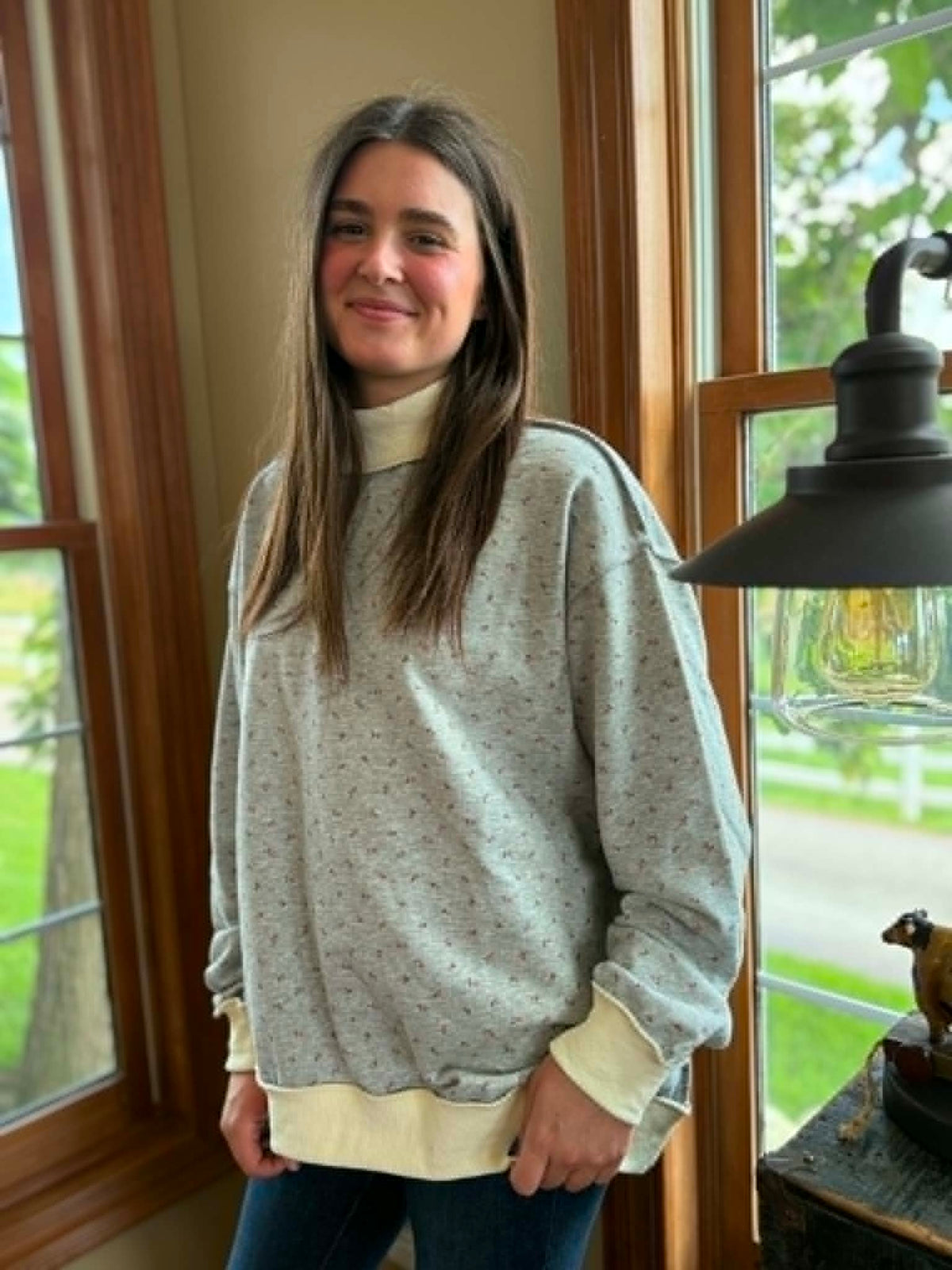 GREY FLORAL OVERSIZED KNIT MOCK NECK PULLOVER