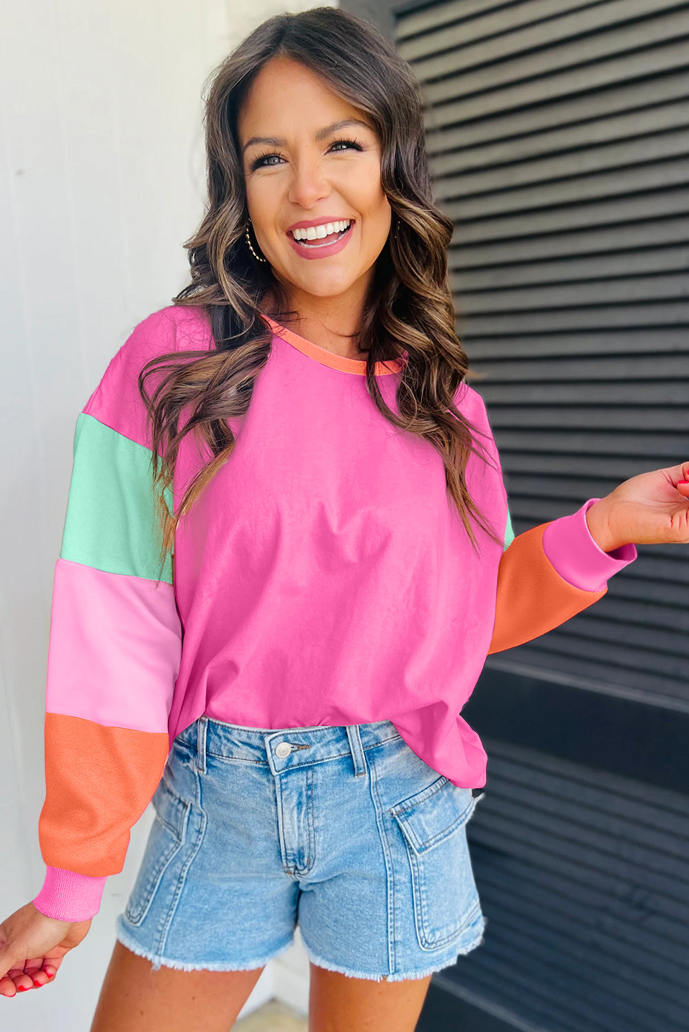 BRIGHT PINK KNIT TOP W/ COLORBLOCK SLEEVES