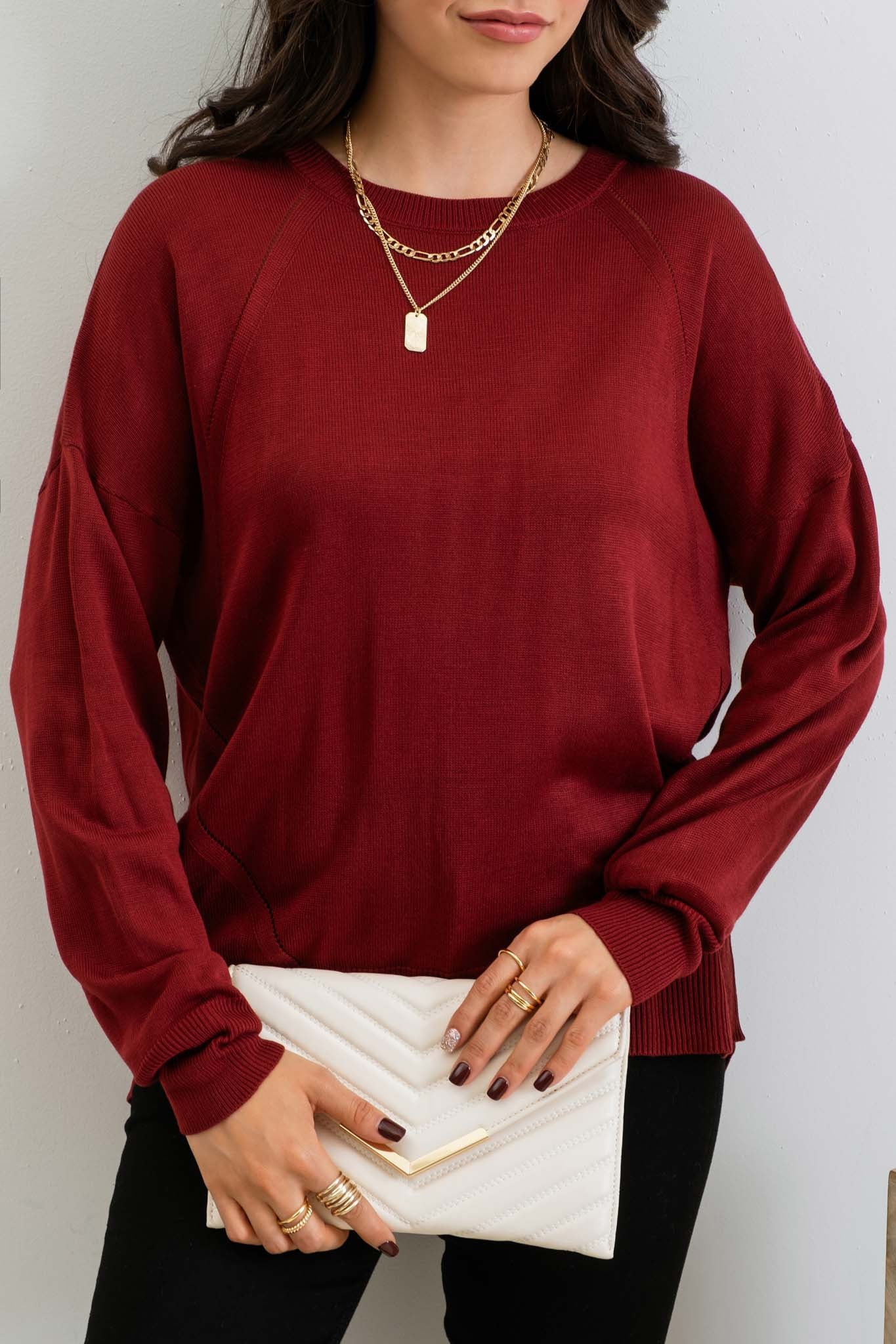 BURGUNDY SOLID BACK BUTTONED PULLOVER SWEATER