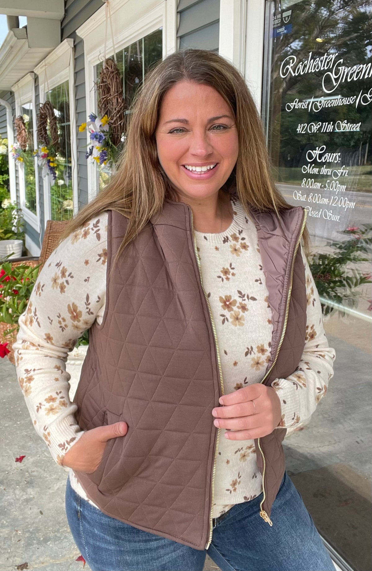 Brown Quilted Knit, Hooded, Zipper Closure, Pockets, Lined Vest