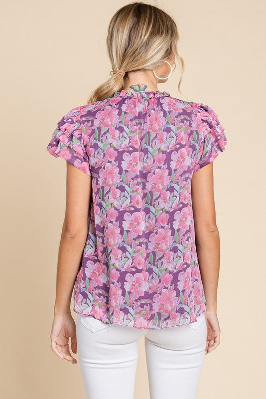 GRAPE FLORAL CHIFFON TIE NECK TOP