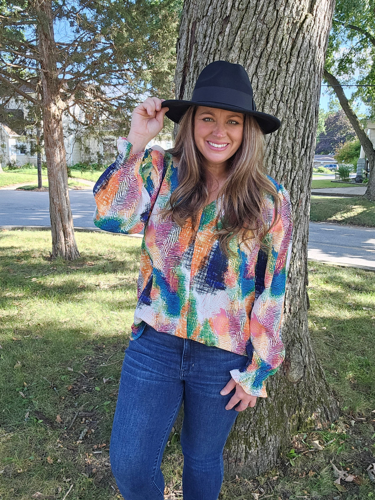 MULTI COLOR V NECK WOVEN TOP